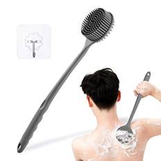 TSHAOUN Badborste i silikon, med långt handtag, duschborstar med halkfritt grepp, ryggborste, skrubbare för dusch och ryggbricka för män och kvinnor som exfolierar och tar bort död hud, avkopplande spa-ögonblick (grå)