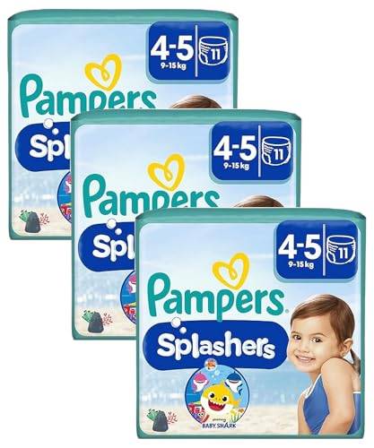 Pampers Windeln Größe 4-5, Splashers Baby Shark Limited Edition, 11 Stück, Einweg-Schwimmwindeln, für sicheren Schutz im Wasser (Packung mit 3)