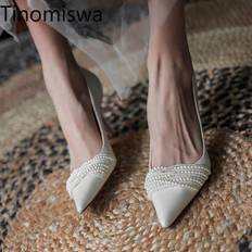 Beading Design Elegant High Heals Nyankomst Mode Bröllopsskor Dam Temperament Snygga Pumps 35 elfben