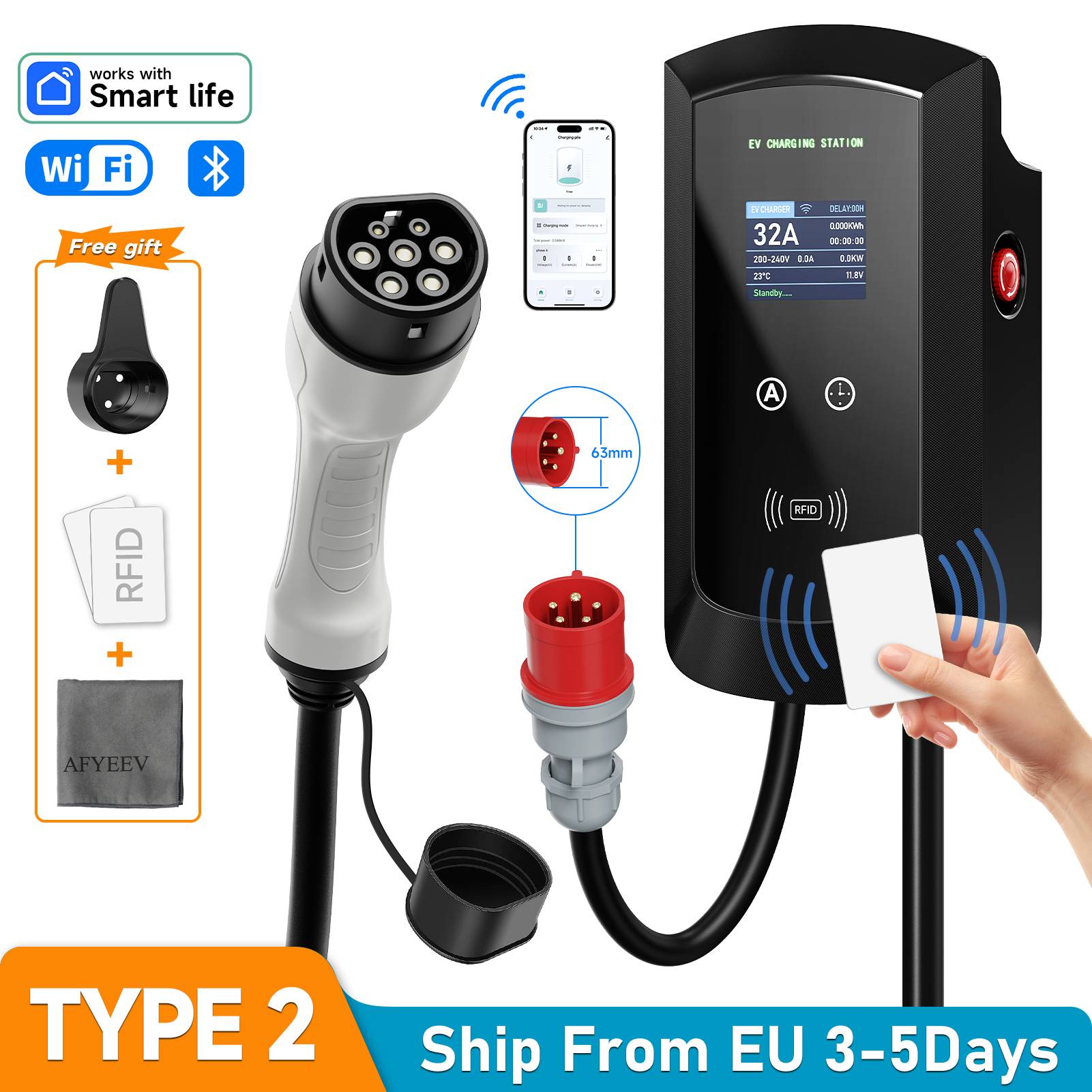 AFEEV 7.6KW/11KW/22KW EV Charging Station CEE Plug Type2 IEC62196-2 32A 3Phase Wall Mounted Charger WiFi Bluetooth APP Control