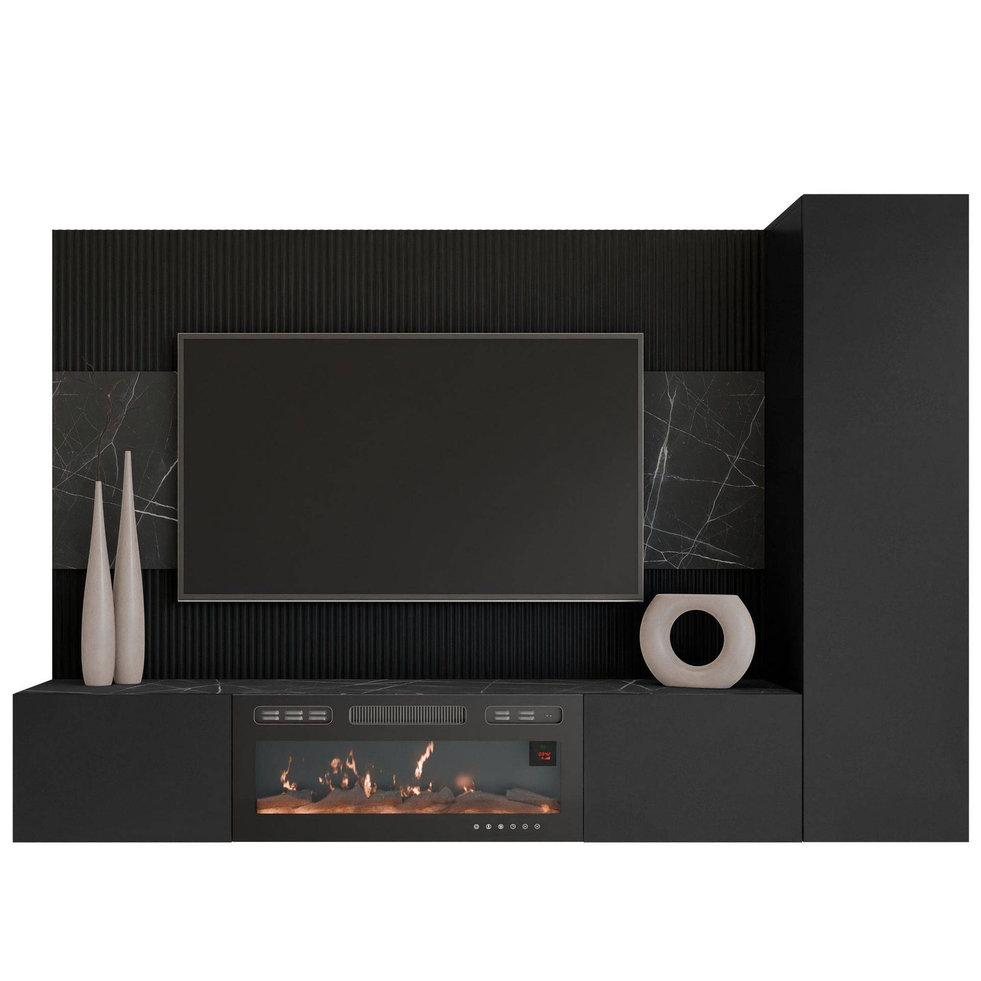 Bernice Tv-väggskåp 220 cm Elkamin med Värmefunktion och LED-belysning - svart TV skåp Svart Träfanér