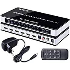 Tendak HDMI-switch, HDMI-omkopplare 4K 5-portars HDMI-distributör 5 till 1 med SPDIF och L/R ljudextraktor med fjärrkontroll stöder ARC UHD 3D