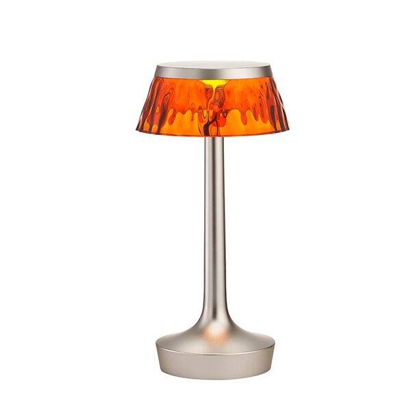 Bon Jour Unplugged Bordlampe Mat Krom Krop og Rav Skærm.