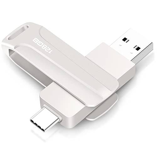 128 GB 2-i-1 USB-minne 128 GB typ-C Pendrive 128GO USB C Flash Drive 128 Giga 2-i-1 OTG Pen 128GO för PC/surfplatta/Laptop/Smartphone med typ C, Xiaomi/Huawei (silver)