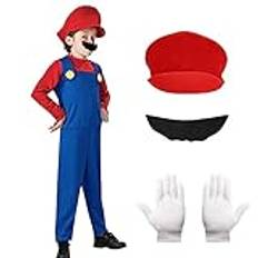 Alaiyaky Mario och Luigi-kostym för vuxna och barn, Mario-dräkt, super-rörmokare, overall, Mario Bros, cosplay-outfit med hatt, mustasch och handskar, Mario-outfit för halloween och karneval (pojkar,