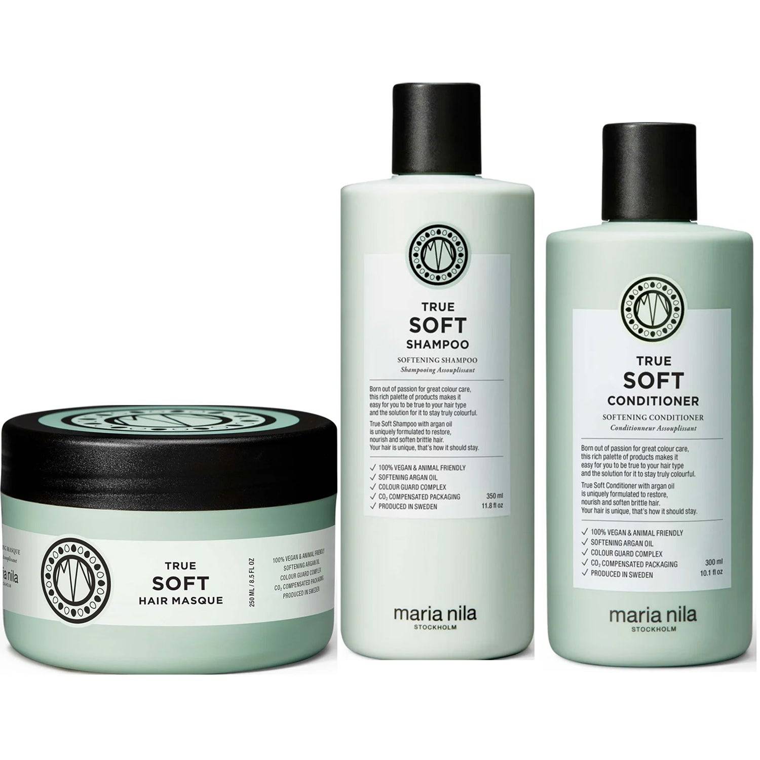 Maria Nila True Soft Trio Shampoo 350ml, Conditioner 300ml, Masque 250ml - 900 ml