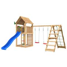 Jungle Gym Cabin 2.1, Legetårn m/klatremodul, blå rutsjebane og sand, 435x426x302 cm