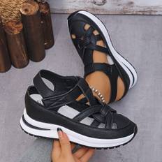 TEMU Women's Fashion Sneakers - Solid Color, Round Toe, Thick Platform Heel With Invisible Wedge, Magic Tape Closure, Upper & Inner, Rubber Sole, Eva Insole
