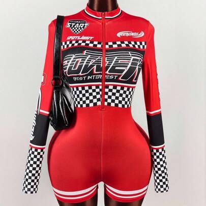 Y2k-karnevalskostym med motorcykelgrafik och ståkrage - Svart (L,M,S,XS)