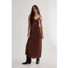 Satin Ribbon Lace Trim Maxi Slip Dress, Brown - 6