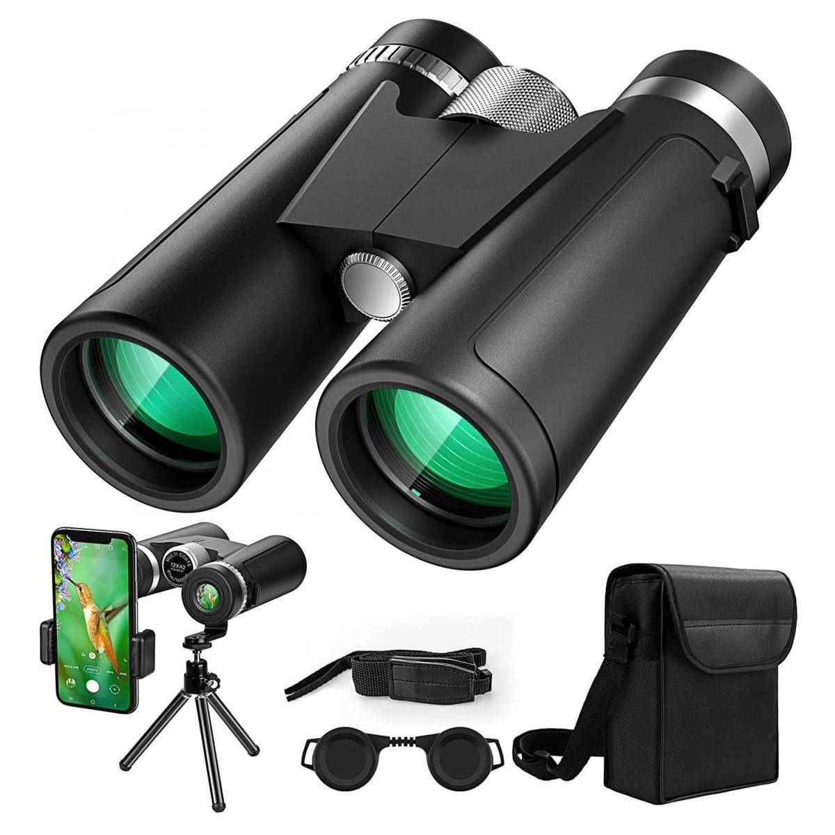 KENTFAITH 12x42 Professional HD Binoculars with Phone Clip and Tripod Low Light Night Vision Waterproof & Lightweight for Bird Watching Hunting Travel