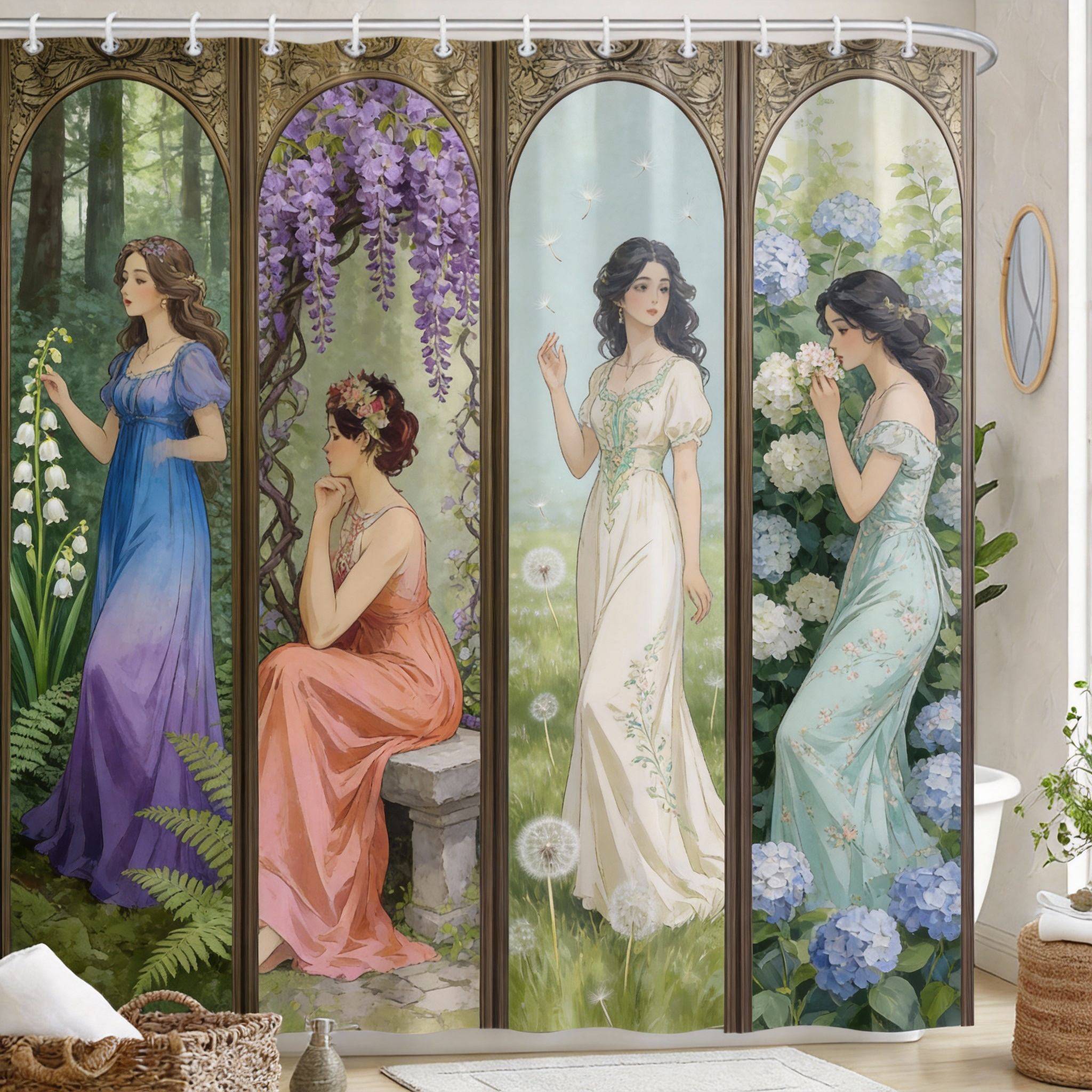 Vintage Art Nouveau Duschdraperi 180X180cm – Tre Eleganta Kvinnor i Blommig Miljö, Boho Chic Badrumsinredning Gåva, 12 Krokar