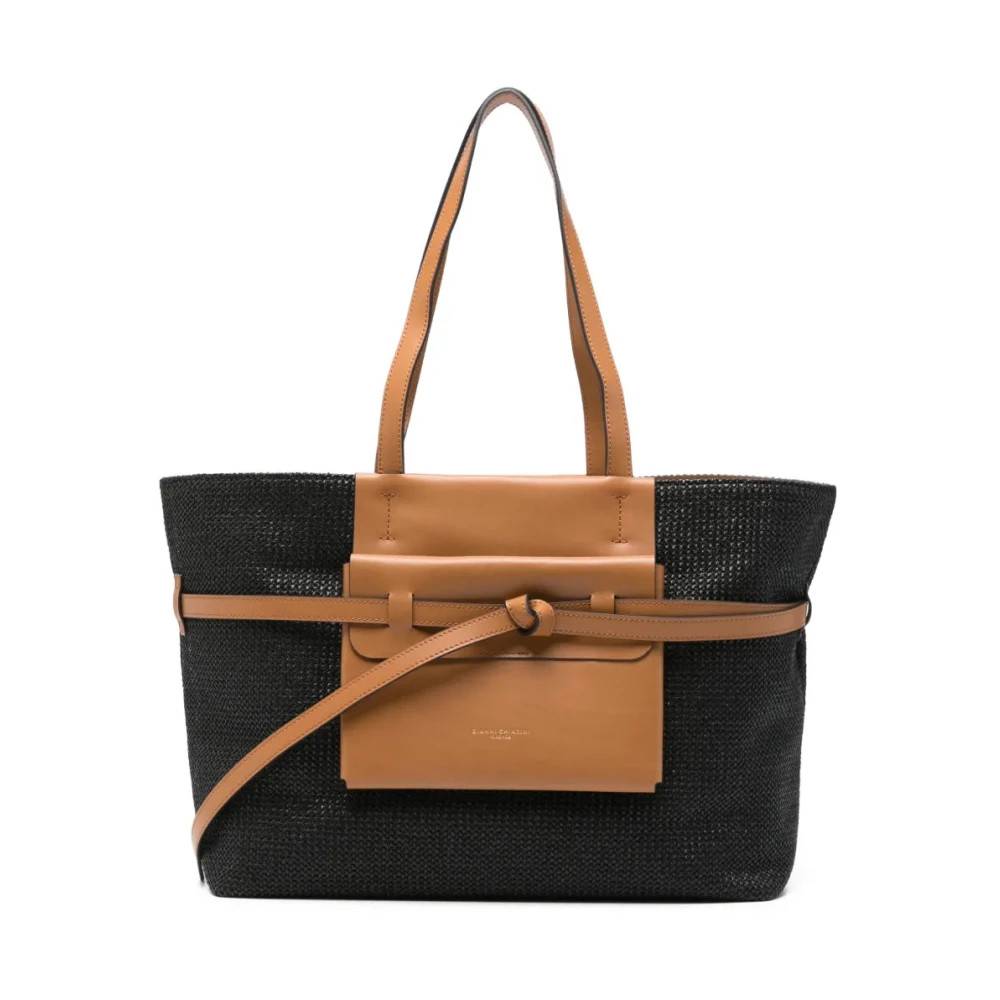 Gianni Chiarini Belty Straw and Leather Large Tote Bag - Tasker - Dame - Sort - ONE SIZE - Uld