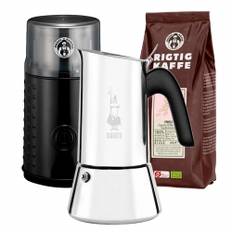 Bialetti Venus Elegance 6 Kop. Espressokande Stål Inkl. Elektrisk Kaffemølle & 400g Organic Hele kaffebønner