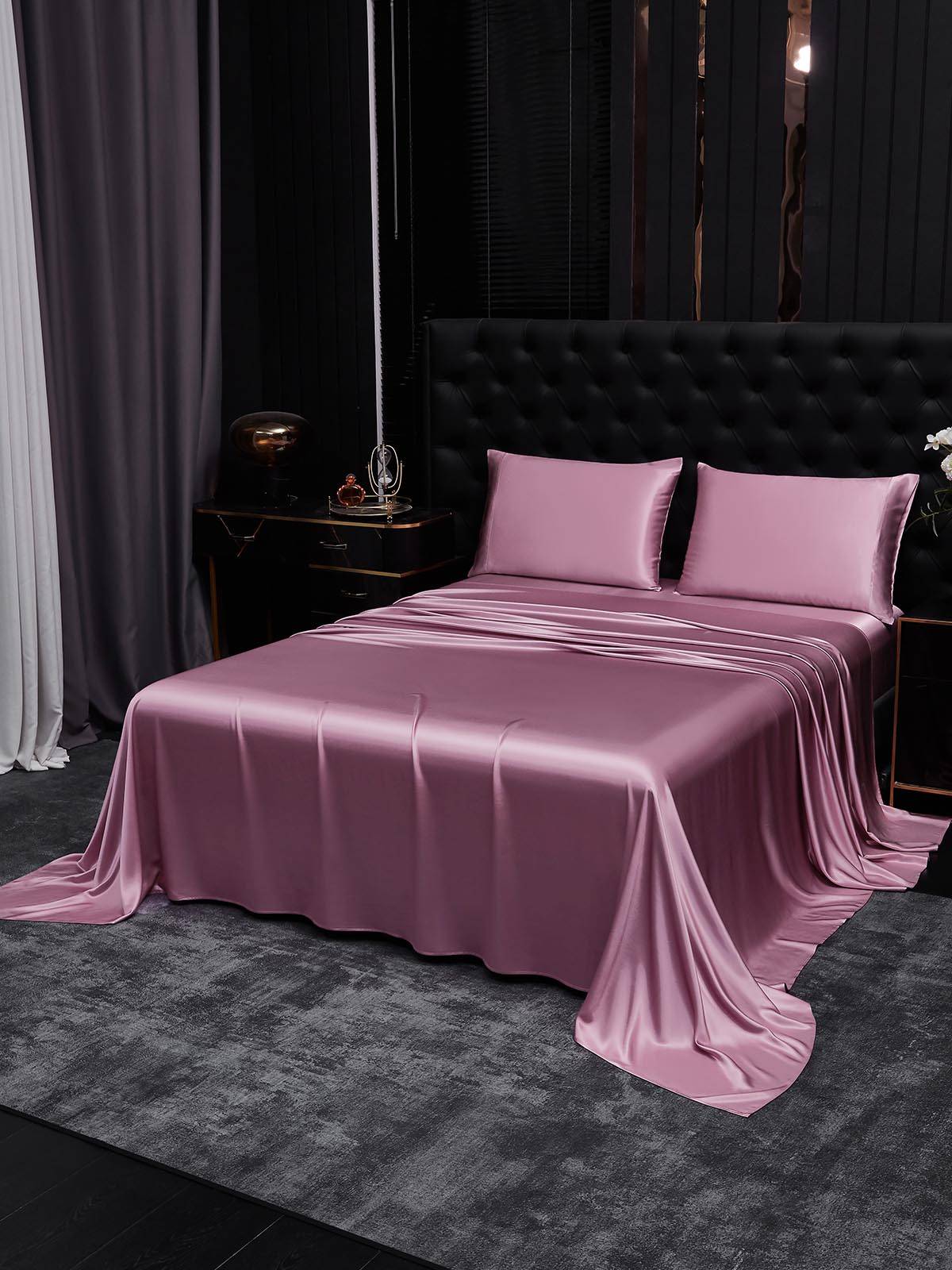 19Momme 4st Siden Sängkläder Set (Dra-På-Lakan & Platta Lakan + 2x Örngott) - Blek Mauve / 1.8m Säng