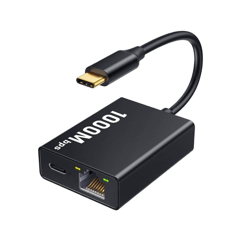 USB-C Ethernet Adapter 2-in-1 1000Mbps RJ45 Network Converter for Chromecast with TV Plug and Black