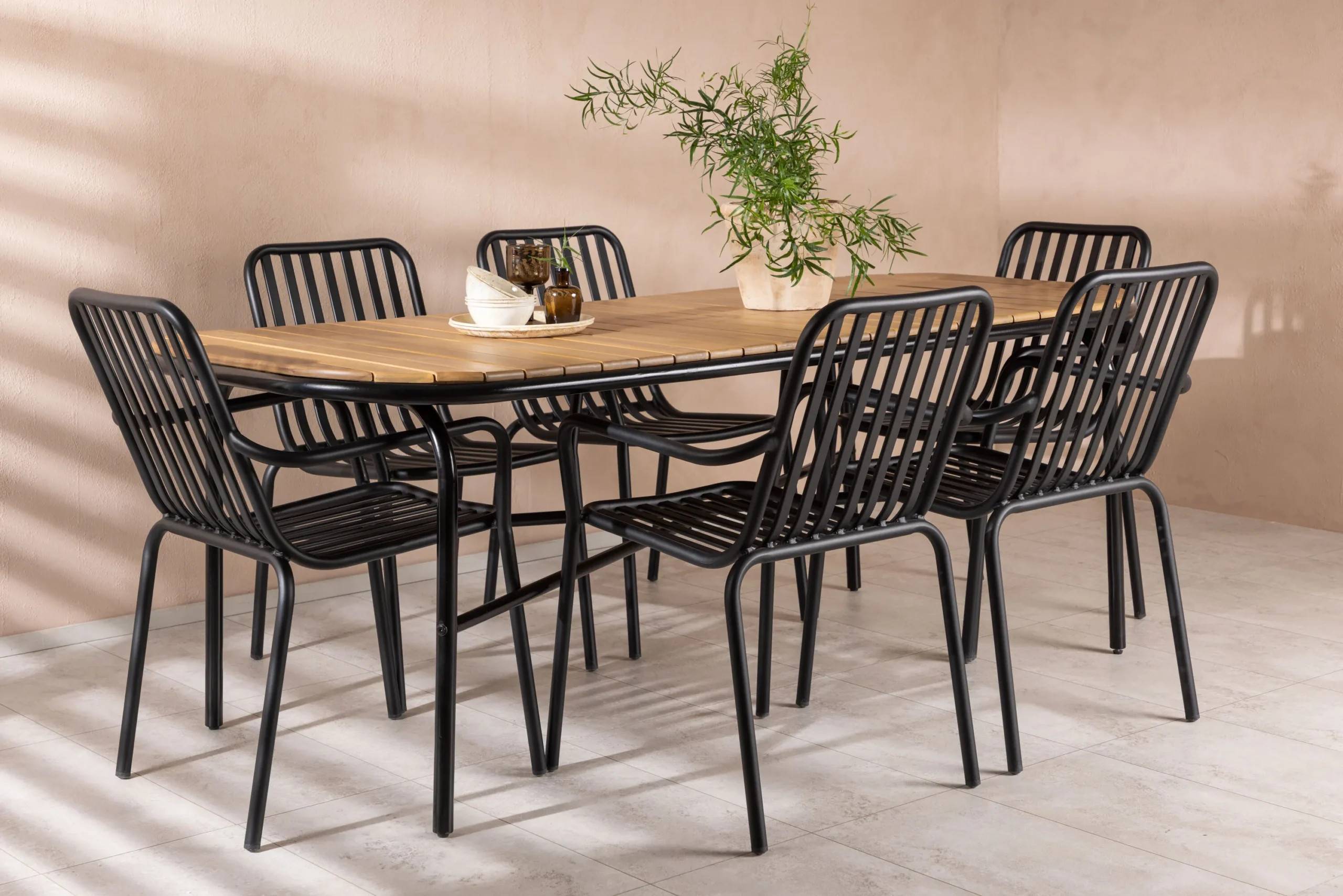 Holmbeck & Peking - 90×200 cm med 6 stolar - Matgrupper utomhus - svart/natur