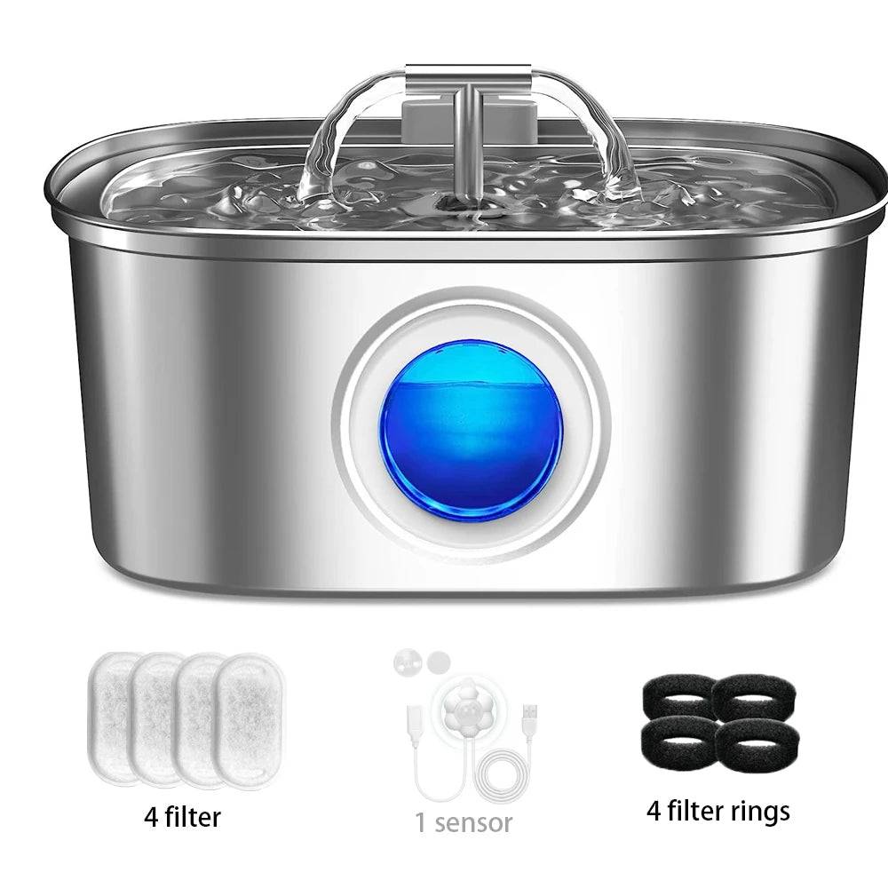 Stainless Steel Pet Water Fountain — Transparent Window, Silent Pump, Sensor & Filter for Cats & Dogs - 4Chips Sensor