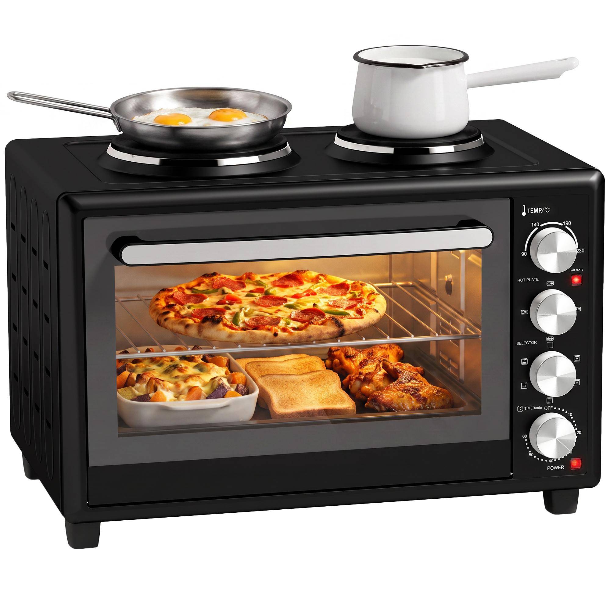36L Mini Oven with 2 Hot Plates, Electric Countertop Oven with Convection, 90–230 degrees C