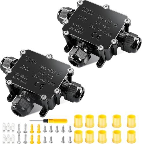 2 Stück IP68 Wasserdichte Abzweigdose, 3-Wege T-Form Verteilerdose Außen Erdkabel, Kabelverbinder Außenbereich Klemmdose für Ø4mm-15mm Kabel,Schwarz