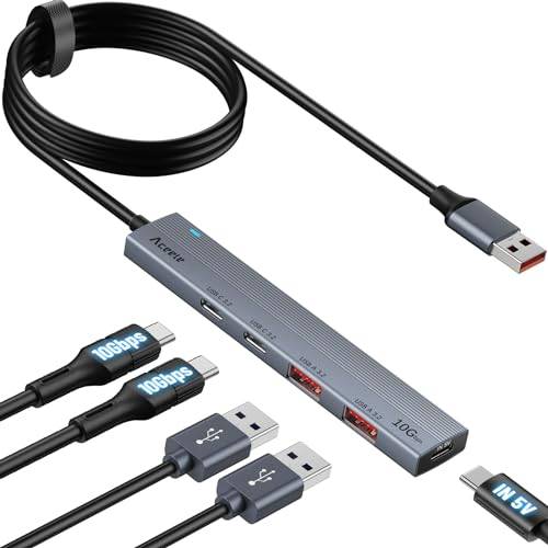 Aceele USB 3.2 Gen 2-hubb med 2 USB-A-portar och 2 USB-C-portar och USB C-strömförsörjningsport (kan bara ladda HUB), USB-hubb 10 Gbps med 120 cm kabel, lämplig för bärbar dator, stationär PC, Mac och