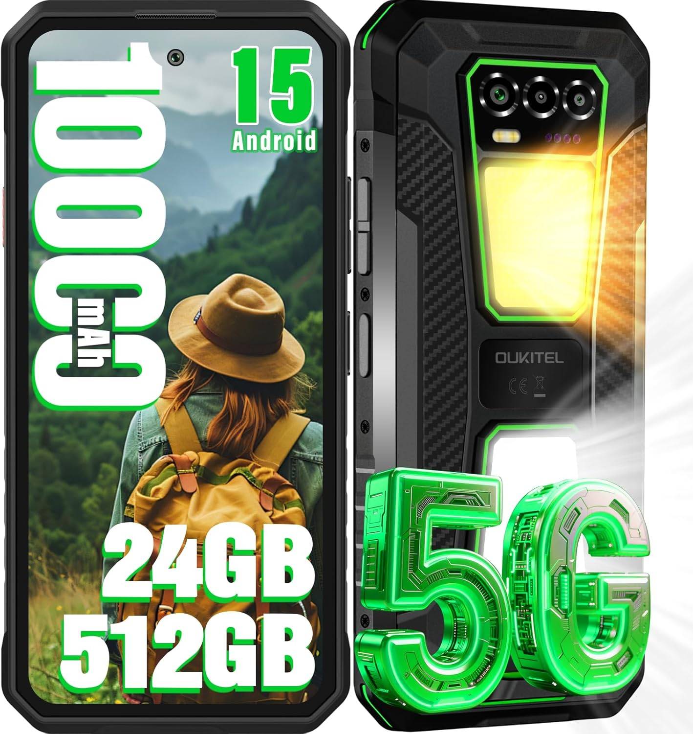 OUKITEL WP58 PRO 5G Cellphone 24GB+512GB 6.7 Display 64MP 10000mAh Android 15 Smartphone