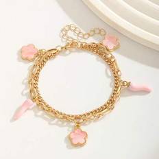 1 st söt elegant Y2k mode trefärgad lyckosam fembladig blomma chili 5 hänge dubbellagers guldkedja armband, lämplig för barn, flickor, pojkar, familj, - Multifärgad (rosa,svart,Vit)