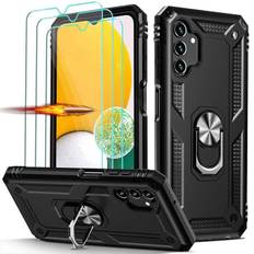 Case for Samsung A13 5G (6.5 ) +Lot 2 Tempered Glasses. Case with Metal Support Ring Metal Plate on the Back Black