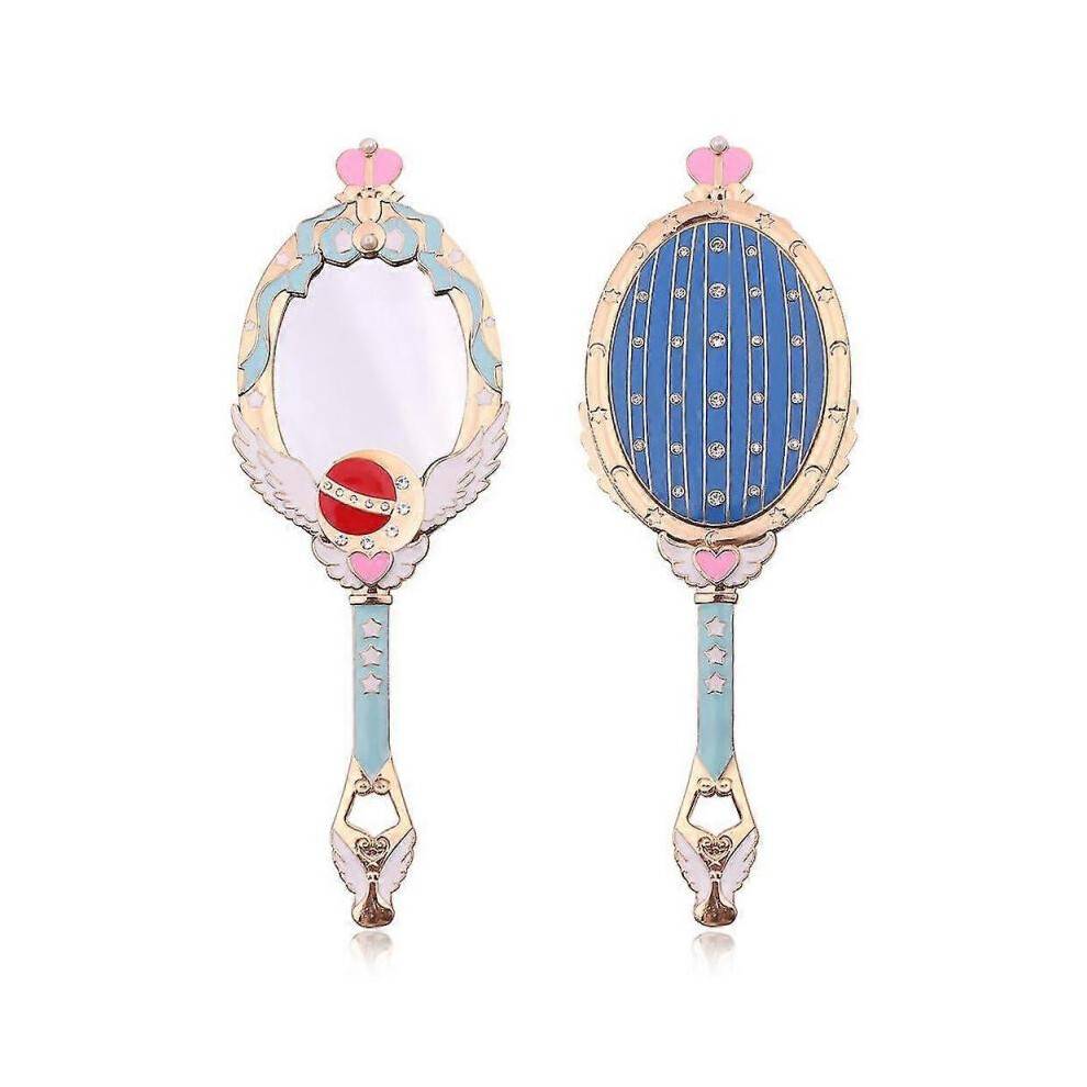 (blue) Anime Moon Metal Oval Hand Held Makeup Mirror Ladies Girl Crown Mirror Beauty Dresser Red Blue Makeup Mirror With Crystal