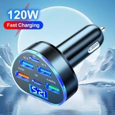 120W 6 Port Car Charger Type C QC3.0 PD Digital Display Car Phone Charger Fast Charging Adapter Compatible With Iphone  Compatible With Xiaomi  Compatible With Samsung  Compatible With Huawei