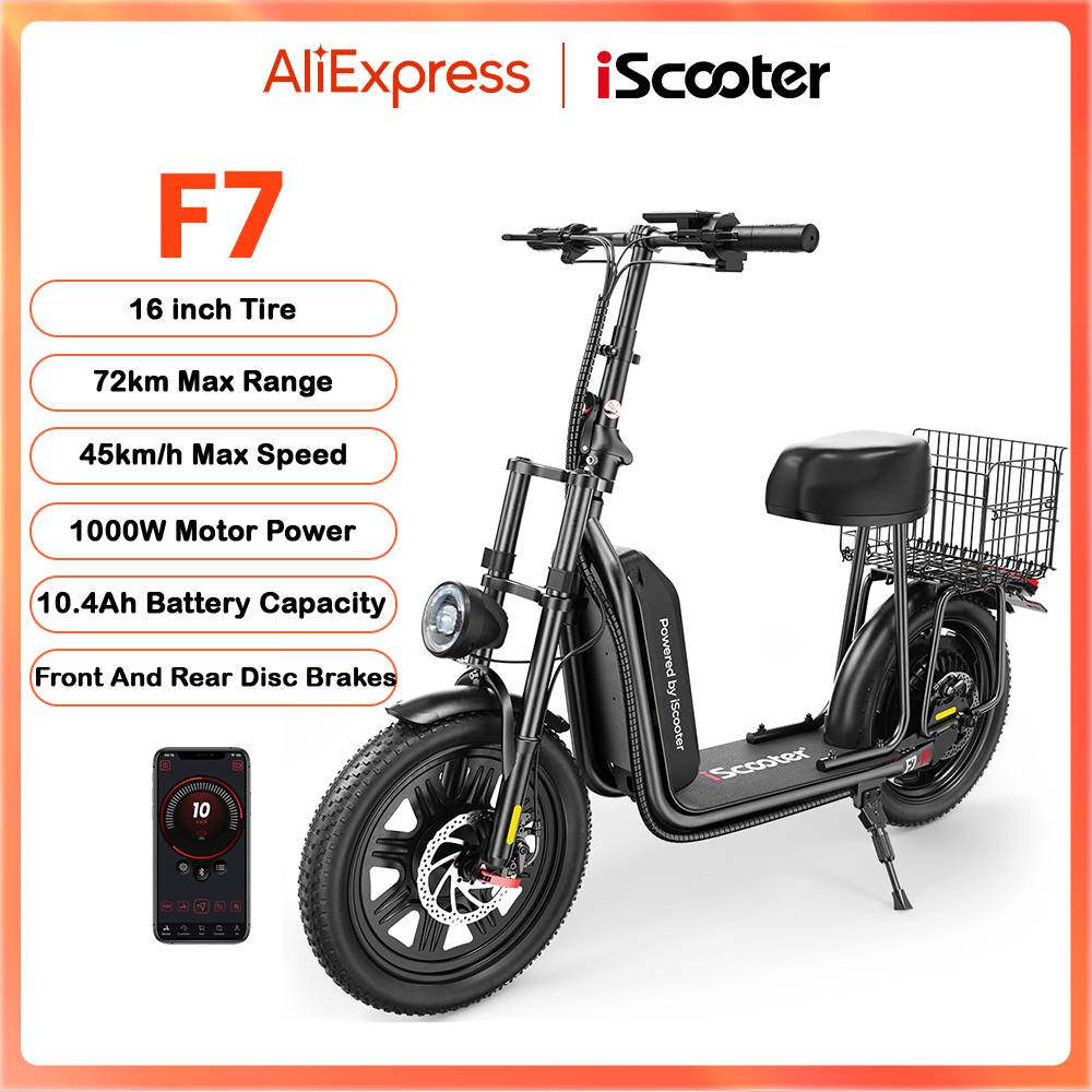 iScooter F7 48V 1000W E-Scooter 45km/h 72km Max Range App Control 16" All-Terrain Tires Foldable Rear Basket Electric Scooter