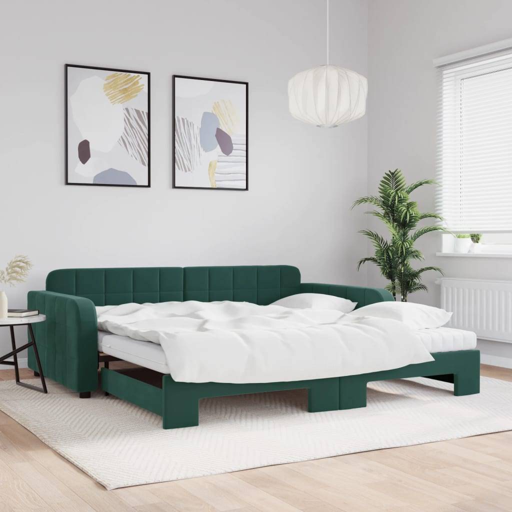 vidaXL daybed med udtræk og madras 100x200 cm velour mørkegrøn