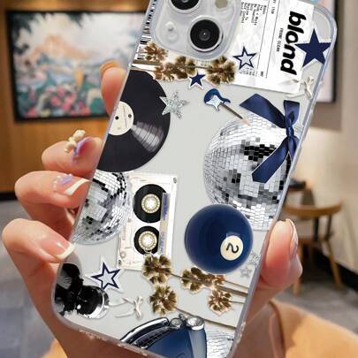 Retrostil Mode TPU 1st Mode & Personlig Discokula Vinylskiva Kassettband Tryck Heltäckande Transparent Anti-Fingeravtryck Mjukt TPU Telefonskal Kompat - Multifärgad (Multi-size)