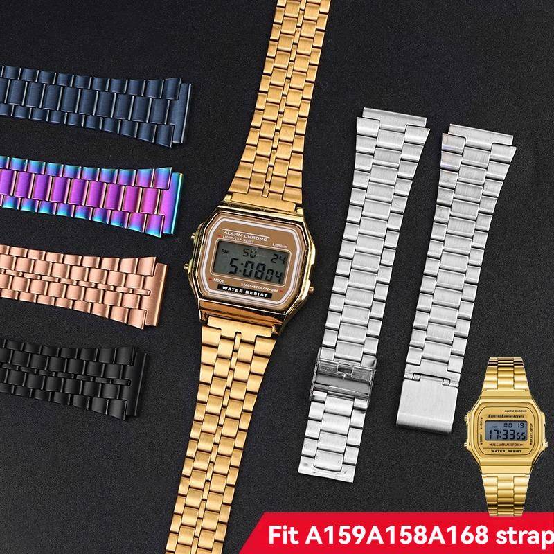 för Casio retro liten fyrkantig A159W-N1 A158WA A168 f91w AE1200 1300 metall rostfritt stål liten guldklocka med 18 mm
