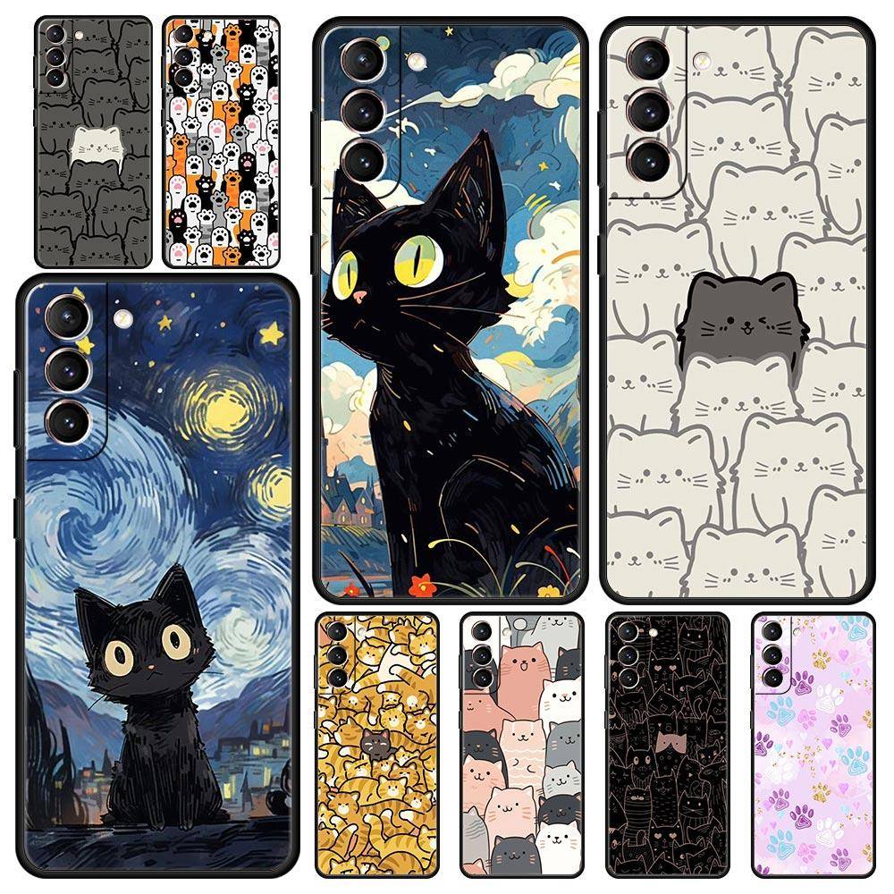 Katttryckt telefonfodral för Samsung Galaxy S24 S23 Ultra S22 S21 S20 FE 5G S10 S10E S9 Plus S8 Mjuk silikon svart skal Bumper