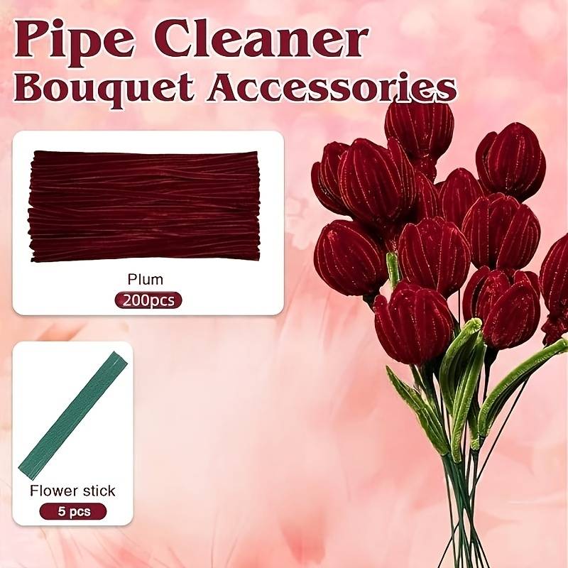 205pcs Burgundy Pipe Cleaner Craft Kit - Premium Chenille Stems With Flower Stems, For Diy Arts And Crafts, Creative Diy Decorations, Diy Creative Halloween, Christmas Ornaments