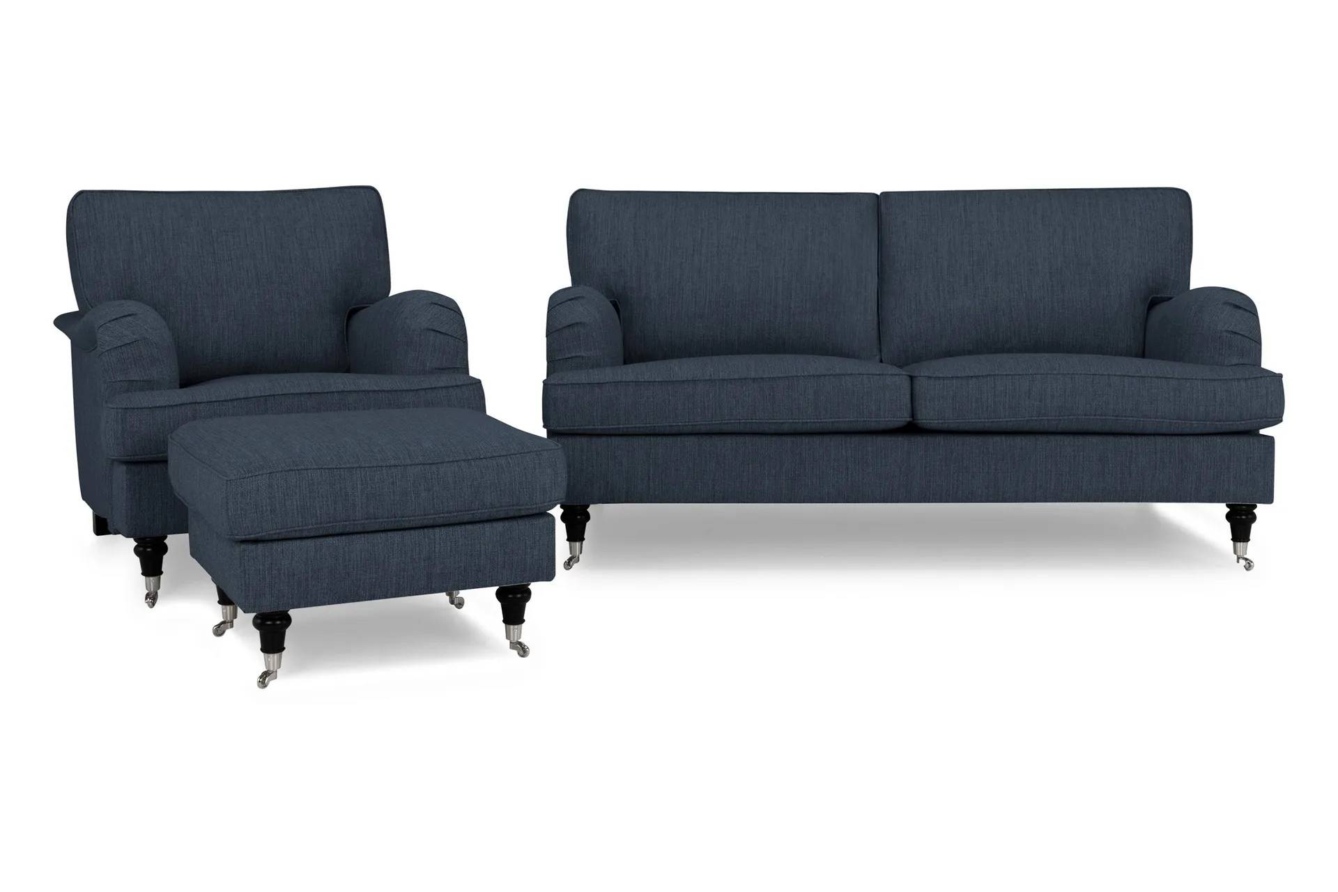 Howard Classic Sofagruppe 2-personers Sofa + Lænestol + Fodskammel i Stof - Blå