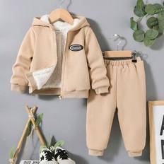 Baby Boy Letter Patched Thermal Lined Zip Up Hooded Thermal Jacket & Sweatpants - Beige (6-9M,9-12M,12-18M,18-24M,2-3Y)