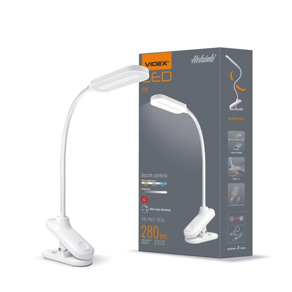6W LED dimbar skrivbordslampa med klämma - Helsinki, 370lm, 3-steg CCT, vit, 120° ljusvinkel - Dimbar : Dimmer inbyggd, Kulör : Neutral