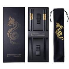 Essstäbchen Wiederverwendbare Chinesische Drachen Essstäbchen mit Halter und Tragetasche, Premium Chinesische Traditionelle Stilvolle Geschenk-Set (2 Paar-Drachen)