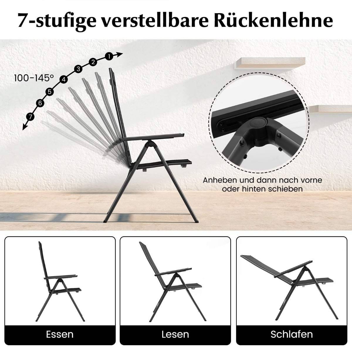 2-delte justerbare foldbare havestole – sort, aluminium