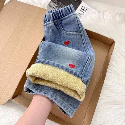 Y2K-baggy jeans för babyflicka i blå denim med broderat varmt hjärta och fleecefoder, höst/vinter, för skolan, varma jeans, jul - Ljustvätt (6-9M,9-12M,12-18M,18-24M,2-3Y)