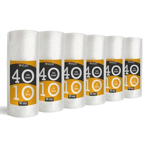 6 x bubbelplast 40 cm x 10 m (50 my) | Skyddande bubbelplast för känsliga föremål | frakt- och förpackningsfolie för flyttar | 100 % återvinningsbar, premiumkvalitet noppfolierulle | mituso