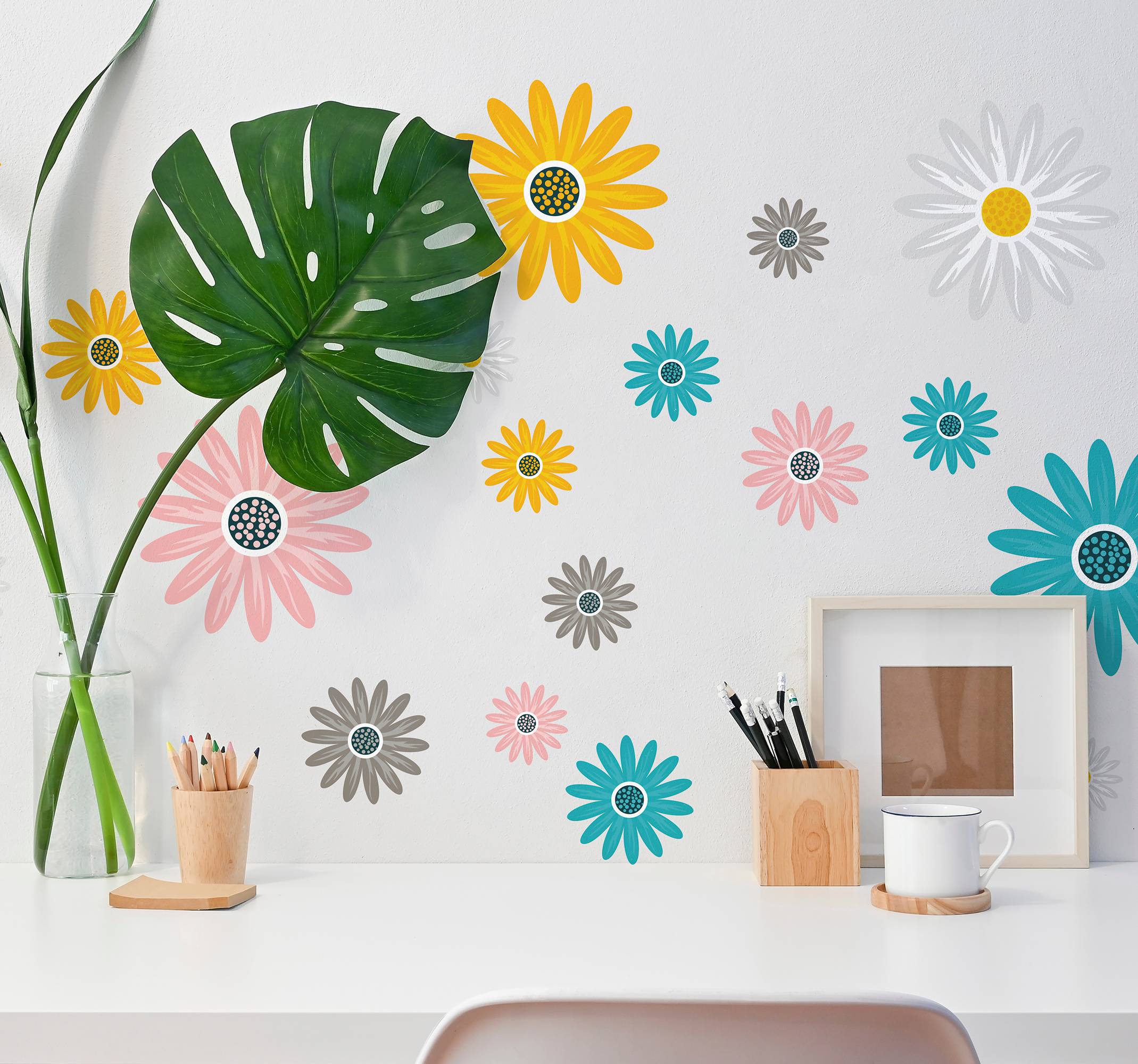 Uppsättning färgglada prästkragar blommor väggdekor