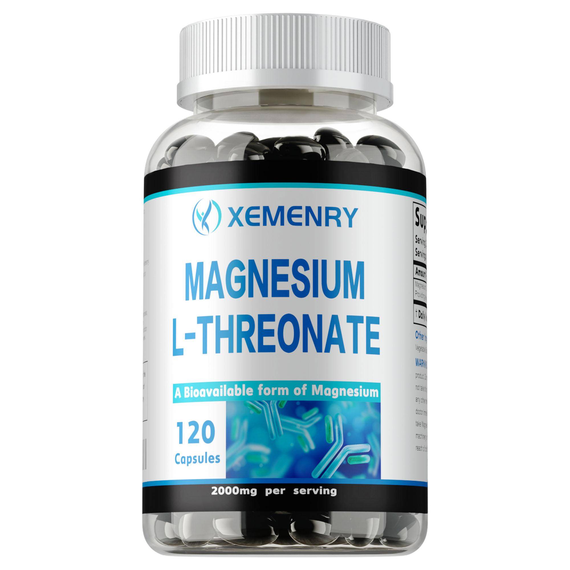 Xemenry Magnesium L-Threonate 2000mg 120 Capsules - Mineral Support, Muscle Function, Bone Health