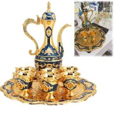 Vintage turkiskt te -set, Royal Metal Tea Pot med 6 tekoppar och bricka, vindrinkskopp kaffe kopp för hembar Cratf -prydnad(Blue)