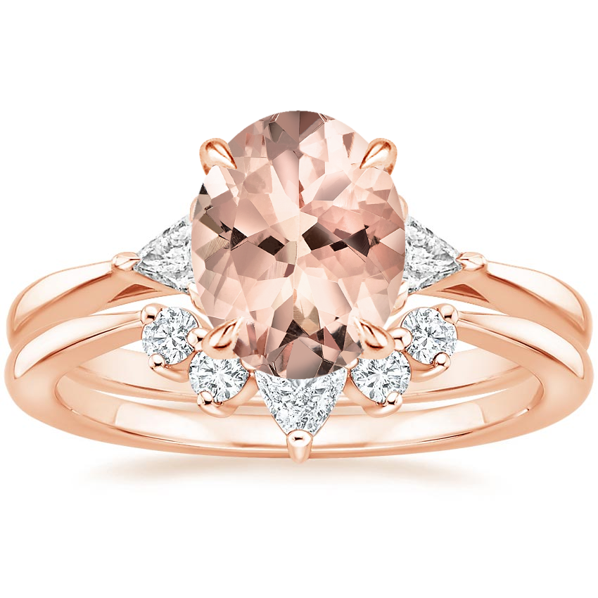 14K Rose Gold Morganite Trillion Three Stone Diamond Engagement Ring with Hadley Contoured Diamond Ring