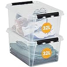 SmartStore Plastförvaringslådor, 32 liter, 2-pack, förstärkta, genomskinliga, livsmedelssäkra, låsklämma, stapelbara, BPA-fria, 50 x 39 x 26 cm (L x B x H)