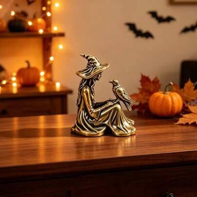 Vintage ihålig häxträningskorpstaty i mässing, kopparskulpturprydnad, Halloween-dekoration, nischad samlarpresent, hemdekoration för bokhylla och skri - Häxan som tränar korpar