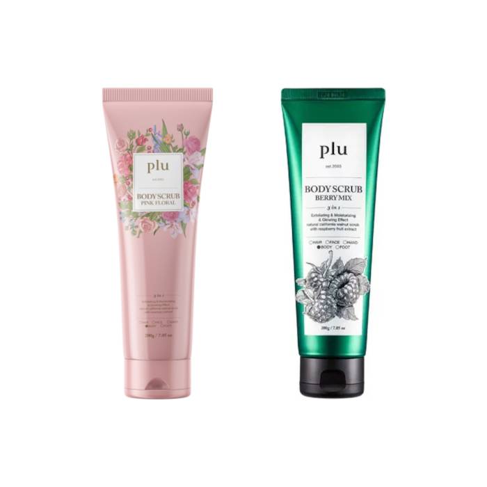plu - Body Scrub Pink Floral - 200g (1ea) & Body Scrub - 200g - Berry Mix (1ea) Set - black